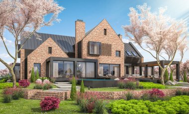 İlkbaharda göletler üzerindeki modern tıkırtı evinin 3 boyutlu canlandırması