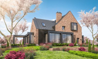 İlkbaharda göletler üzerindeki modern tıkırtı evinin 3 boyutlu canlandırması