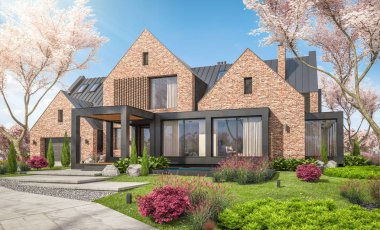 İlkbaharda göletler üzerindeki modern tıkırtı evinin 3 boyutlu canlandırması