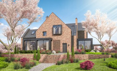 İlkbaharda göletler üzerindeki modern tıkırtı evinin 3 boyutlu canlandırması