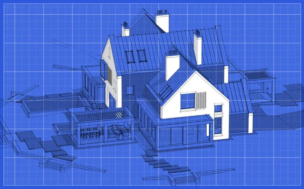 3d representación de la casa clinker moderna en los estanques con piscina blac — Foto de Stock