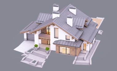 Dağ evindeki modern konforlu evin akşamları 3 boyutlu tasarımı...