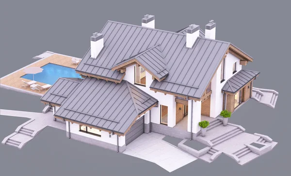 3d rendering of modern cozy house in chalet styler at evening is — 스톡 사진