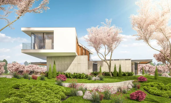 3d representación de la casa moderna en la colina en primavera — Foto de Stock