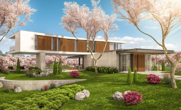 3d representación de la casa moderna en la colina en primavera — Foto de Stock