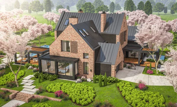 3d rendering of modern clinker house on the ponds in spring — Stock Photo, Image