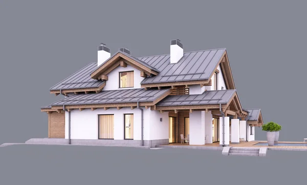 3d rendering of modern cozy house in chalet styler at evening is — 스톡 사진
