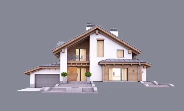 3D-Rendering von modernen gemütlichen Haus im Chalet Styler am Abend ist — Stockfoto