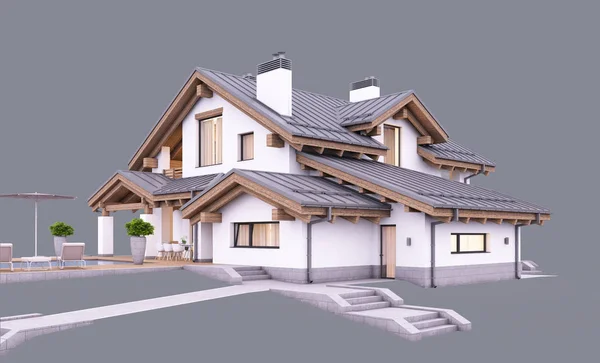 3D-Rendering von modernen gemütlichen Haus im Chalet Styler am Abend ist — Stockfoto