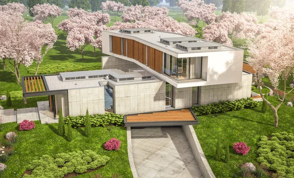 3D-Rendering des modernen Hauses auf dem Hügel im Frühling — Stockfoto