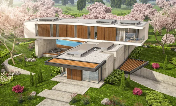 3d rendering van modern huis op de heuvel in het voorjaar — Stockfoto