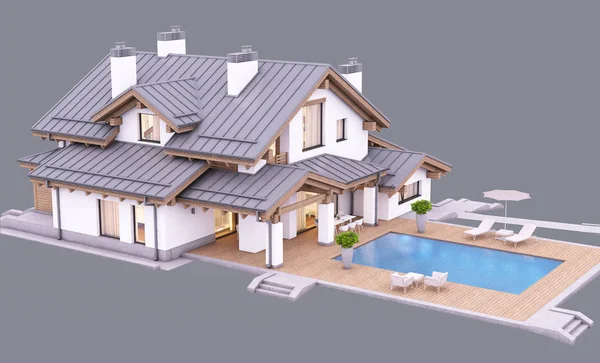 3d rendering of modern cozy house in chalet styler at evening is — 스톡 사진