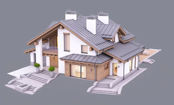 3D-Rendering von modernen gemütlichen Haus im Chalet Styler am Abend ist — Stockfoto