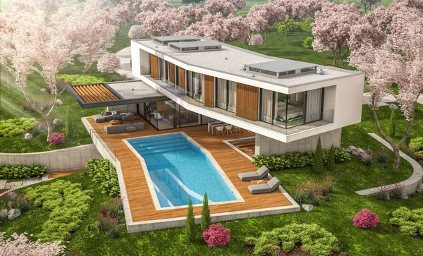 3D-Rendering des modernen Hauses auf dem Hügel im Frühling — Stockfoto
