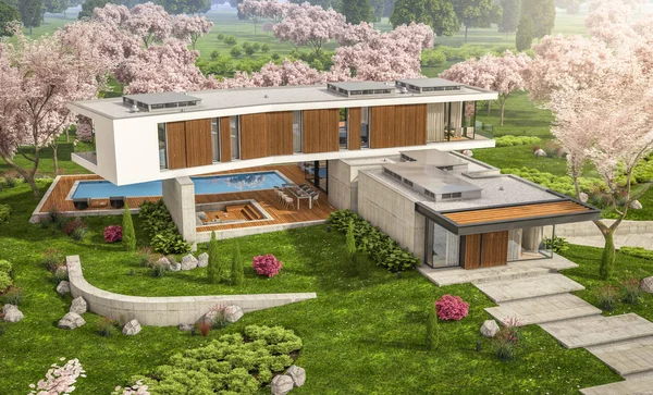 3D-Rendering des modernen Hauses auf dem Hügel im Frühling — Stockfoto