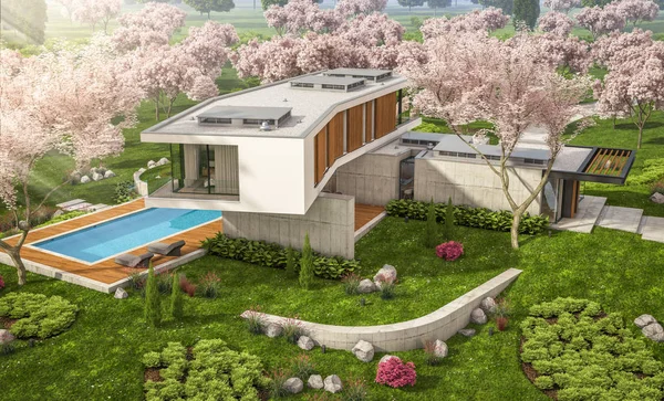 3D-Rendering des modernen Hauses auf dem Hügel im Frühling — Stockfoto