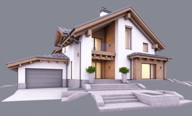 Dağ evi tarzında modern konforlu bir ev. Garaj ve havuz satılık ya da akşam kiralanacak. Pencereden gelen rahat ışıkla. Gri renkte izole edilmiş