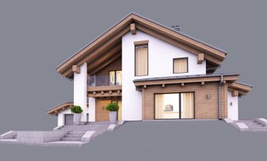 Dağ evi tarzında modern konforlu bir ev. Garaj ve havuz satılık ya da akşam kiralanacak. Pencereden gelen rahat ışıkla. Gri renkte izole edilmiş