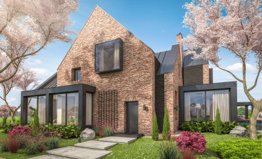 Göletlerin üzerinde, garajı ve havuzu satılık ya da kiralık olan modern konforlu tokuşturma evi. Arka planda sakura çiçekleri olan çiçek açan ağaçlarla taze bir bahar günü..