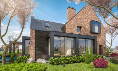 Göletlerin üzerinde, garajı ve havuzu satılık ya da kiralık olan modern konforlu tokuşturma evi. Arka planda sakura çiçekleri olan çiçek açan ağaçlarla taze bir bahar günü..