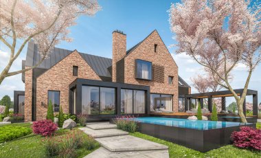 Göletlerin üzerinde, garajı ve havuzu satılık ya da kiralık olan modern konforlu tokuşturma evi. Arka planda sakura çiçekleri olan çiçek açan ağaçlarla taze bir bahar günü..