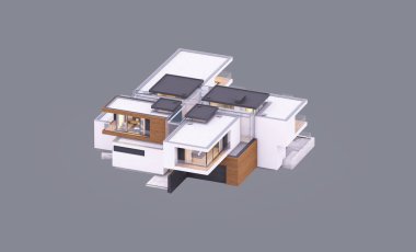 Nehir kıyısında, garajı ve havuzu satılık ya da akşamları kiralanan, pencerenin sıcacık ışıklarıyla modern konforlu bir ev. Gri renkte izole edilmiş