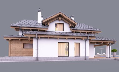 Dağ evi tarzında modern konforlu bir ev. Garaj ve havuz satılık ya da akşam kiralanacak. Pencereden gelen rahat ışıkla. Gri renkte izole edilmiş