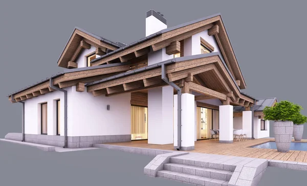 Rendering Van Modern Gezellig Huis Chalet Stijl Met Garage Zwembad — Stockfoto