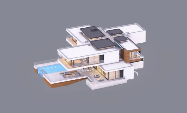 Rendering Von Modernen Gemütlichen Haus Fluss Mit Garage Und Pool — Stockfoto