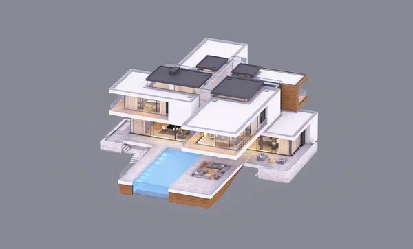 Rendering Van Modern Gezellig Huis Aan Rivier Met Garage Zwembad — Stockfoto