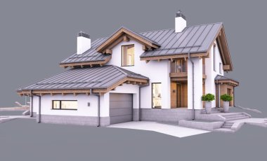 Dağ evi tarzında modern konforlu bir ev. Garaj ve havuz satılık ya da akşam kiralanacak. Pencereden gelen rahat ışıkla. Gri renkte izole edilmiş