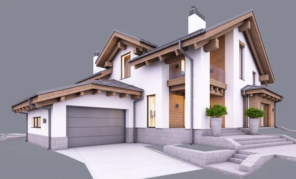 Rendering Von Modernen Gemütlichen Haus Chalet Stil Mit Garage Und — Stockfoto