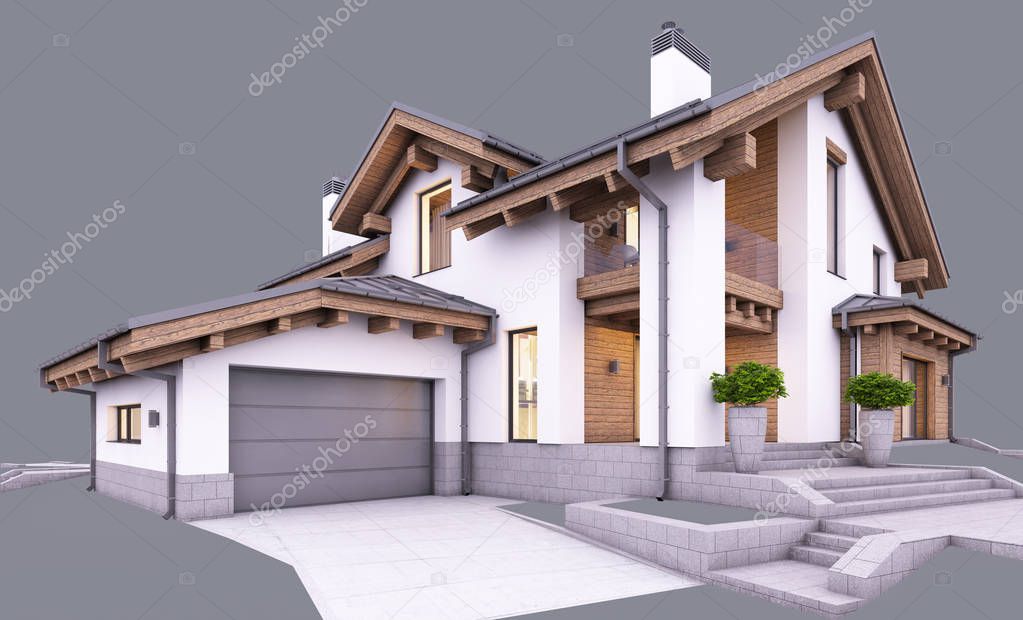 3d rendering of modern cozy house in chalet style with garage and pool for sale or rent in evening with cozy light from window. Isolated on gray