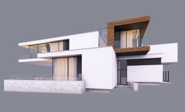 Nehir kıyısında, garajı ve havuzu satılık ya da akşamları kiralanan, pencerenin sıcacık ışıklarıyla modern konforlu bir ev. Gri renkte izole edilmiş