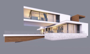 Nehir kıyısında, garajı ve havuzu satılık ya da akşamları kiralanan, pencerenin sıcacık ışıklarıyla modern konforlu bir ev. Gri renkte izole edilmiş