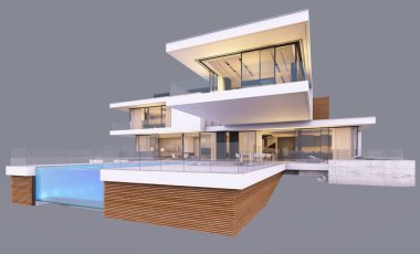 Nehir kıyısında, garajı ve havuzu satılık ya da akşamları kiralanan, pencerenin sıcacık ışıklarıyla modern konforlu bir ev. Gri renkte izole edilmiş