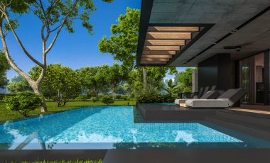 Park yeri ve havuzu satılık ya da kiralık, ahşap ön cepheli ve arka planda güzel peyzajlı modern konforlu bir ev. Mavi gökyüzü açık güneşli bir yaz günü.