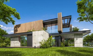 Park yeri ve havuzu satılık ya da kiralık, ahşap ön cepheli ve arka planda güzel peyzajlı modern konforlu bir ev. Mavi gökyüzü açık güneşli bir yaz günü.