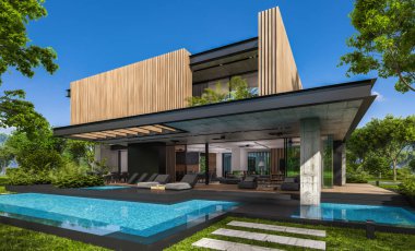 Park yeri ve havuzu satılık ya da kiralık, ahşap ön cepheli ve arka planda güzel peyzajlı modern konforlu bir ev. Mavi gökyüzü açık güneşli bir yaz günü.