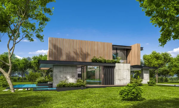 3D展示现代化舒适的房子 有停车场和游泳池出售或出租 有木板立面和漂亮的背景景观 晴朗的夏日 — 图库照片