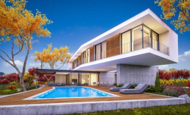 Arka planda güzel peyzaj ile satılık veya kiralık garaj ve havuz ile tepede modern rahat evin 3d render. Her yerde altın yapraklı yumuşak sonbahar akşamı