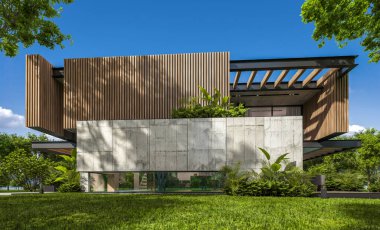 Park yeri ve havuzu satılık ya da kiralık, ahşap ön cepheli ve arka planda güzel peyzajlı modern konforlu bir ev. Mavi gökyüzü açık güneşli bir yaz günü.