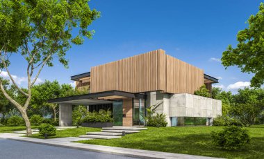 Park yeri ve havuzu satılık ya da kiralık, ahşap ön cepheli ve arka planda güzel peyzajlı modern konforlu bir ev. Mavi gökyüzü açık güneşli bir yaz günü.