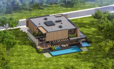 Park yeri ve havuzu satılık ya da kiralık, ahşap ön cepheli ve arka planda güzel peyzajlı modern konforlu bir ev. Mavi gökyüzü açık güneşli bir yaz günü.