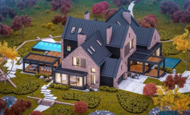 Garaj ve havuz satılık veya arka planda güzel peyzaj ile kiralık havuzlarda modern rahat klinker evin 3d render. Her yerde altın yapraklı yumuşak sonbahar akşamı.