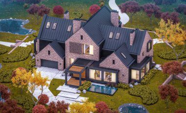 Garaj ve havuz satılık veya arka planda güzel peyzaj ile kiralık havuzlarda modern rahat klinker evin 3d render. Her yerde altın yapraklı yumuşak sonbahar akşamı.