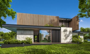 Park yeri ve havuzu satılık ya da kiralık, ahşap ön cepheli ve arka planda güzel peyzajlı modern konforlu bir ev. Mavi gökyüzü açık güneşli bir yaz günü.