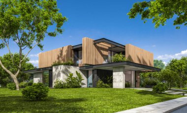 Park yeri ve havuzu satılık ya da kiralık, ahşap ön cepheli ve arka planda güzel peyzajlı modern konforlu bir ev. Mavi gökyüzü açık güneşli bir yaz günü.