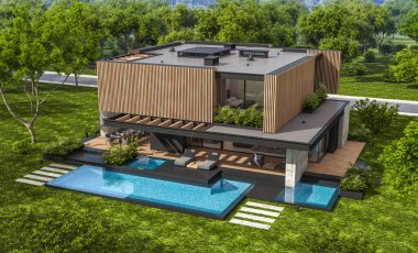 Park yeri ve havuzu satılık ya da kiralık, ahşap ön cepheli ve arka planda güzel peyzajlı modern konforlu bir ev. Mavi gökyüzü açık güneşli bir yaz günü.