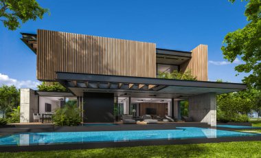 Park yeri ve havuzu satılık ya da kiralık, ahşap ön cepheli ve arka planda güzel peyzajlı modern konforlu bir ev. Mavi gökyüzü açık güneşli bir yaz günü.